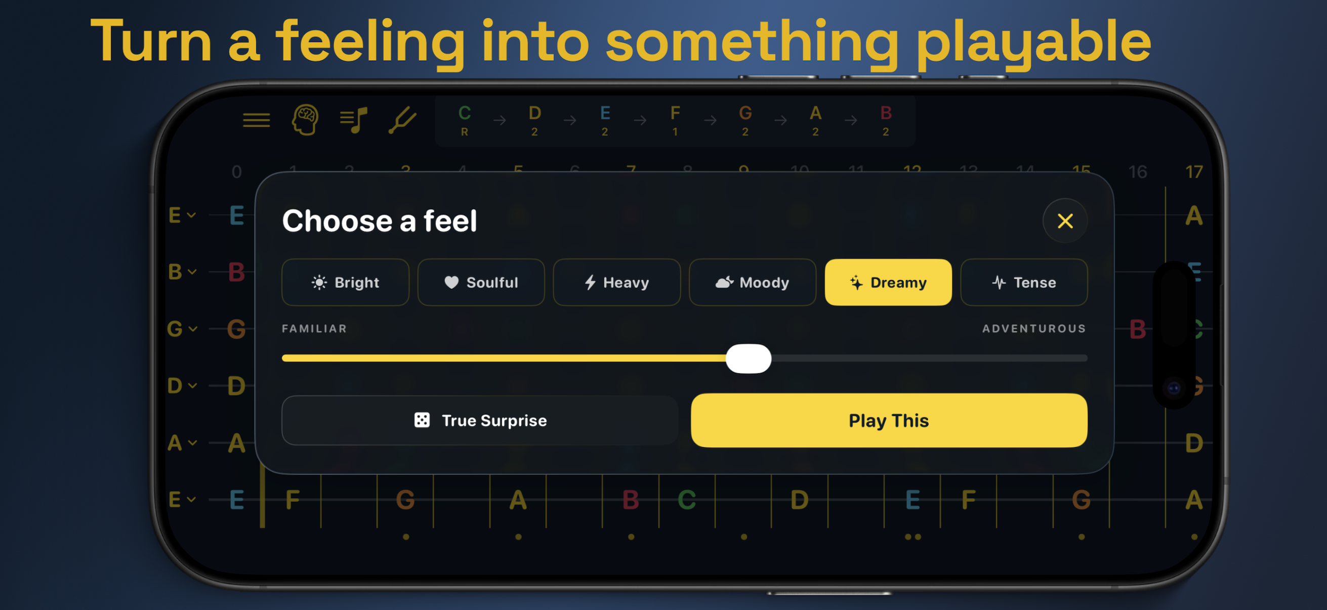 Choose a musical feeling and generate something playable