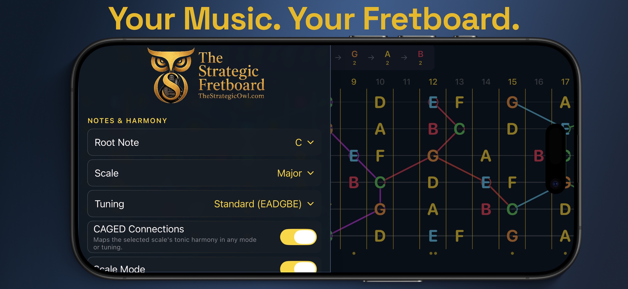 Settings with root, scale, tuning, and CAGED controls